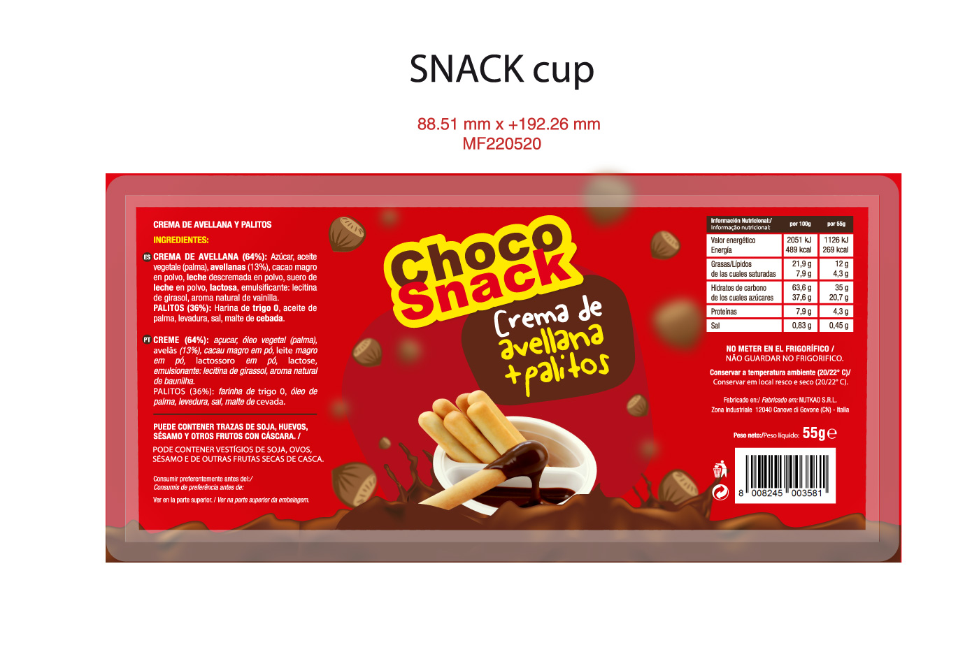 Choco snak avellana packaging etiqueta dobleessa